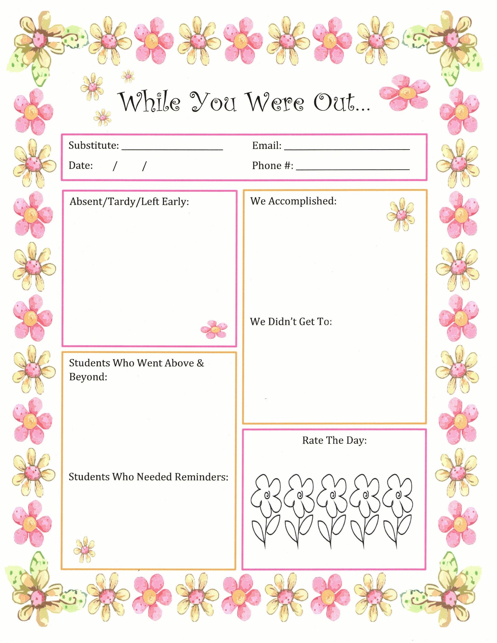 Printable Substitute Note With Flowers, While You Were Out Etsy