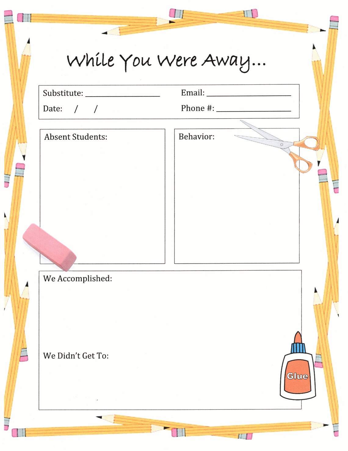 Printable Substitute Note With Pencils , While You Were Away Etsy Printable Substitute Note With Pencils , While You Were Away Etsy