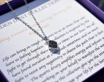 Charcoal Black Marquise Shape Druzy Necklace Sterling Silver With Meaning Card