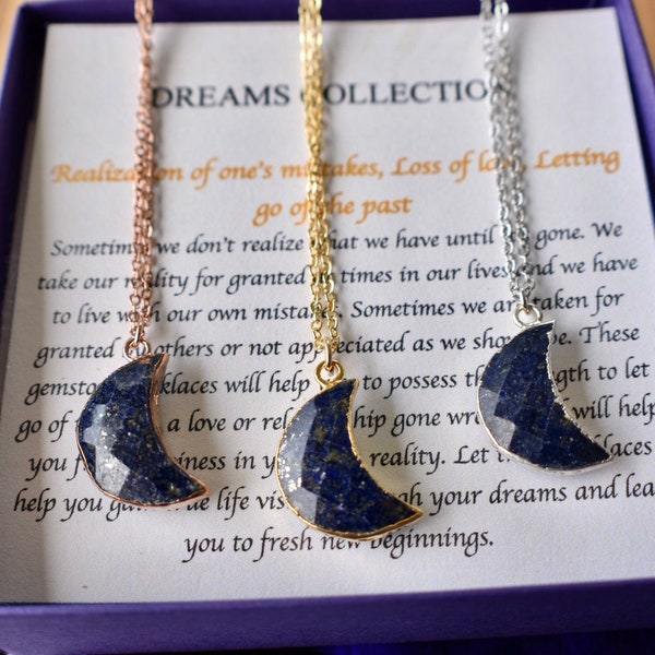 Lapis Lazuli Crescent Moon Necklace Silver, Gold & Rose With Meaning Card