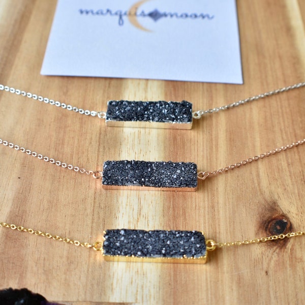 Charcoal Black Druzy Horizontal Bar Necklace Sterling Silver With Meaning Card