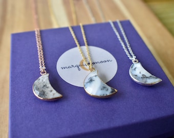 Dendritic Opal Crescent Moon Necklace Silver, Gold & Rose With Meaning Card