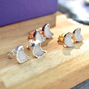 White Minimalist Moon Shape Druzy Stud Earrings Silver, Gold & Rose With Meaning Card