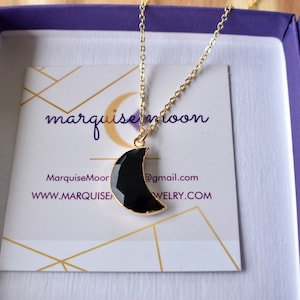 Onyx Crescent Moon Necklace Sterling Silver, Gold & Rose With Meaning Card