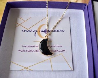 Onyx Crescent Moon Collar Sterling Silver, Gold &Rose With Meaning Card