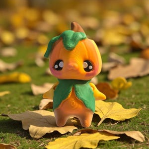 May include: A whimsical orange pumpkin-shaped figurine with a green collar and hat, set against a backdrop of autumn leaves and green grass. The figurine has large, expressive eyes and small arms, evoking a playful, seasonal theme.