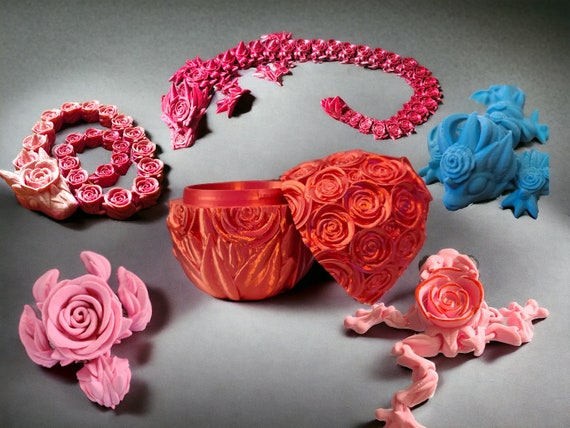 3d print, Rose bundle, birthday gift, for a teenager, glow in the dark, gift for mom, gardener, flower, dragon, turtle, frog, egg, wyvern