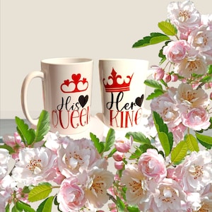 His and her coffee mug set for anniversary, His Queen and Her King coffee cup for a wedding gift, Couple drinkware for Valentine’s Day