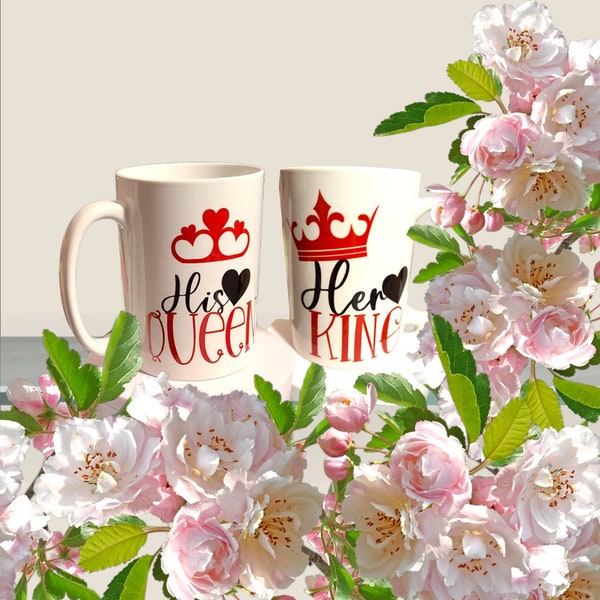 His and her coffee mug set for anniversary, His Queen and Her King coffee cup for a wedding gift, Couple drinkware for Valentine’s Day