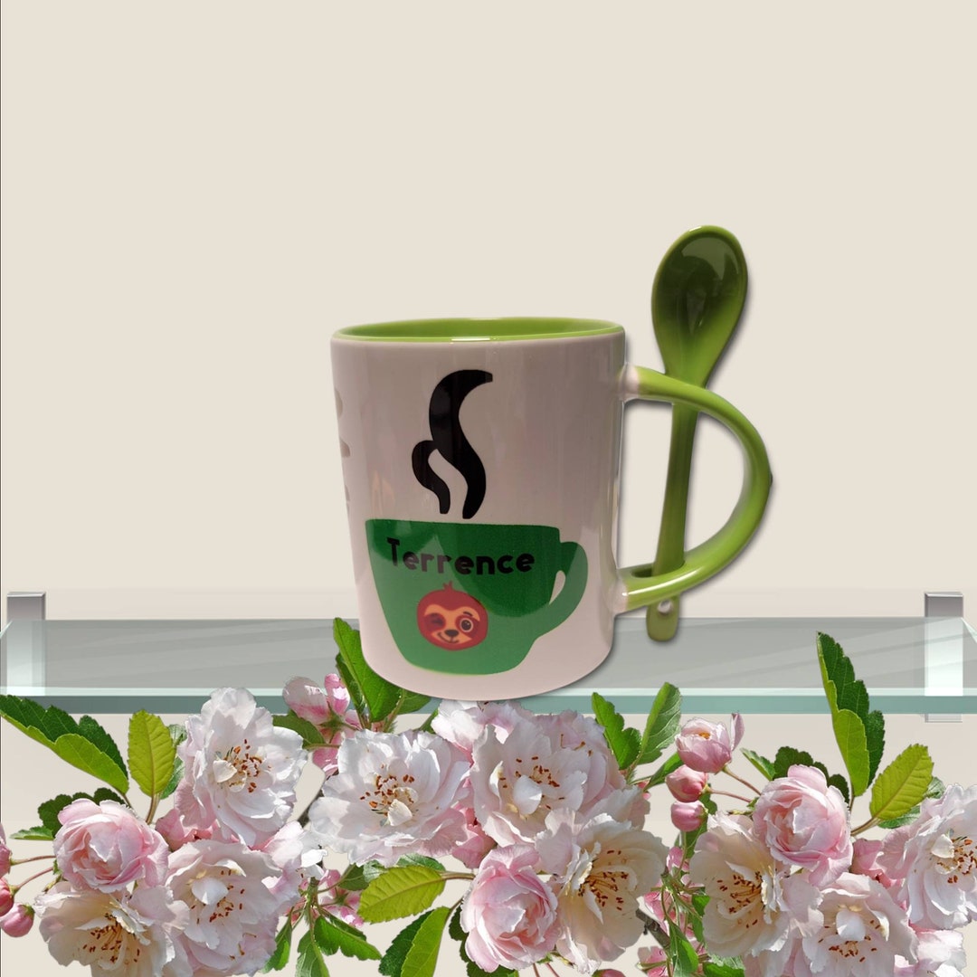 Tea Cup With Matching Attached Spoon, Personalized Name Tea Cup Custom