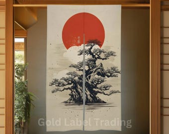 Japanese Landscape Bonsai Tree Noren, Door Curtain - Japanese Traditional Room Divider for Home Decor - Doorway Curtain - Japanese Noren