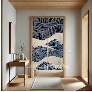 Japanese Noren, Abstract Wave Noren Door Curtain, Japanese Ocean Art, Doorway Curtain, Japanese Traditional Noren, Zen Coastal Decor