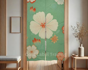 Japanese Noren Door Curtain, Green Floral Split Curtain for Doorway Room Divider, Kitchen Entryway Curtain, Hallway Curtain, Closet Cover