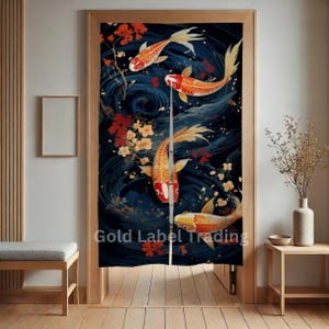 May include: A pair of blue room divider curtains with a Japanese-inspired design featuring orange and red koi fish swimming in a swirling blue water pattern with white and pink cherry blossoms.
