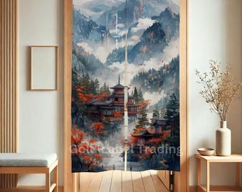 Japanese Noren Doorway Curtain, Temple Mountain Tapestry, Zen Room Divider, Landscape Door Curtain, Aesthetic Wall Hanging, Asian Home Decor