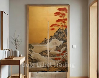 Cortina noren japonesa con paisaje vintage y cascada dorada, para puerta, estilo noren tradicional japonés, para cocina