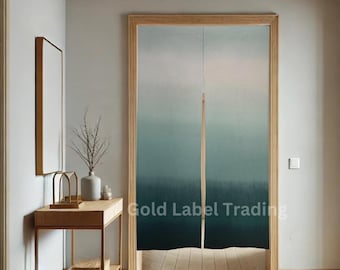 May include: A room interior featuring a wooden doorway with a gradient teal and white curtain. The text "Gold Label Trading" is visible on the curtain. A wooden console table with decor and a framed mirror are on the left.