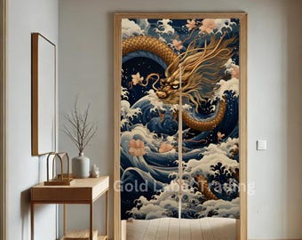May include: A pair of room dividers with a Japanese-style design featuring a golden dragon emerging from blue waves and pink flowers. The dividers are made of fabric and have a wood frame.
