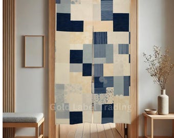 Abstrakter Japanischer Noren Vorhang - Helles Indigo & Beige Geometrisches Design | Moderne traditionelle Wohnkultur | Raumteiler | Japanische Symbole