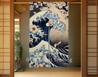 Japanese Noren, Japanese Great Great Wave Curtain, Traditional Noren Door Curtain, Japanese Wave curtain, Japan Great Wave Room Divider