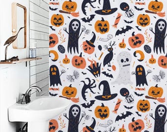 Halloween Duschvorhang, Geister und Kürbisse Muster, Hexenhut Dekor, Gruseliges Badezimmer Dekor, Herbst Duschvorhang