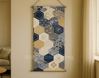 Tapiz de pared con diseño floral japonés azul, tapiz geométrico, decoración asiática moderna, rollo con patrón washi