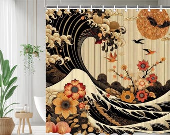 Duschvorhang mit japanischen Wellen und Blumen - Elegantes Badezimmer Dekor, traditionelle japanische Kunst, Zen Wohnkultur, Natur inspirierter Badvorhang