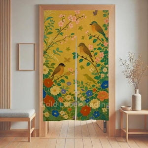 Japanese Noren Curtain, Room Divider, Oriental Door hanging, Bird Theme Decor Panel, Bird Floral Doorway curtain, Noren panel, Wall Tapestry