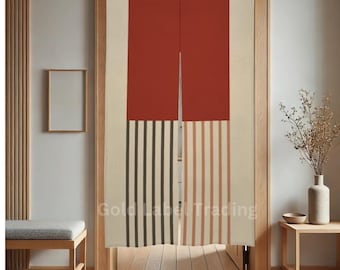 Modern Traditional Japanese Noren Curtain, Red Beige Striped Linen Doorway Curtain, Heritage Room Divider, Zen Fabric Wall Hanging Decor