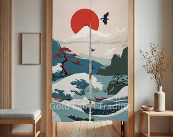 Japanese Noren, Mount Fuji Doorway curtain, Room Divider, Wall Hanging Art Decor, Traditional Japanese Noren
