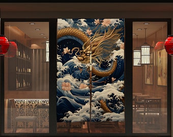 Japanese Dragon Noren, Japanese Doorway Curtain, Japanese Dragon with Great Wave Noren Curtain, Japanese Wave curtain, Door Curtain