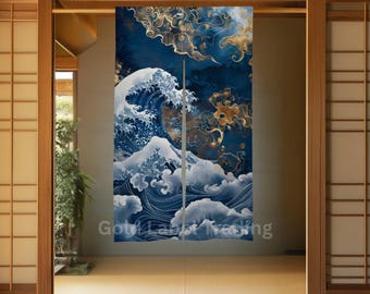 Japanese Noren Curtain, Japanese Gold and Blue Great Wave Curtain, Traditional Noren Door Curtain, Japanese Wave curtain, Japan Great Wave