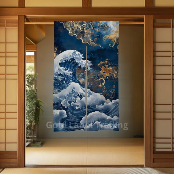 Japanese Noren Curtain, Japanese Gold and Blue Great Wave Curtain