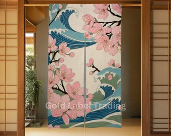 Japanese Art Noren Curtain - Japanese Cherry Blossom Door Curtain, Room Divider for Home Decor - Japanese Noren, Doorway Curtain