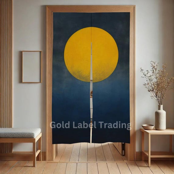 のれん　満月 藍染 満月 暖簾 - 室内装飾用 伝統的な間仕切り - 日本の暖簾