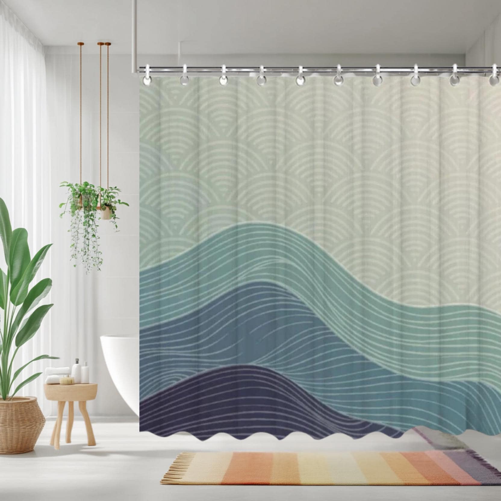 Japanese Art Wave Shower Curtain, Japanese Waves Shower Curtain, Bath Shower Curtain,  Japanese Pattern Curtain, Waterproof shower curtain