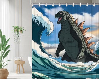 Godzilla Duschvorhang, japanischer Duschvorhang, japanisches Badezimmerdekor mit Haken, Badduschvorhang, lustiges Geschenk, wasserdicht