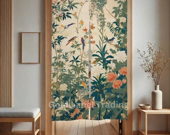 Japanese Birds in Wonderland Noren, Japanese Noren, Birds door curtain, oriental doorway curtain, Noren panel, Wall Tapestry