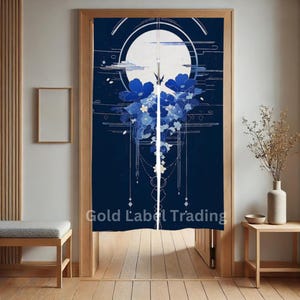 Indigo Japanese moon and Floral Artwork Noren Curtain - Room Divider for Home Decor - Japanese Noren - Doorway Curtain - Kyoto Door Curtain