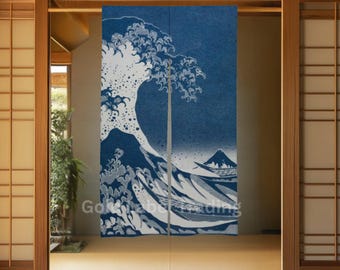 Japanese Noren Door Curtain, White Hemp, Ukiyo-e Wave Tapestry Wall Hanging