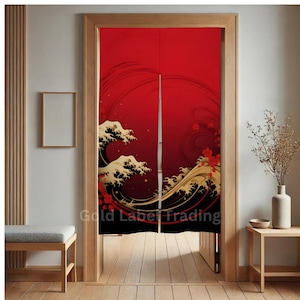 Japanese Noren Door Curtain - Red Great Wave Curtain - Room Divider for Home Decoration - Japanese Door Curtain- Red Noren
