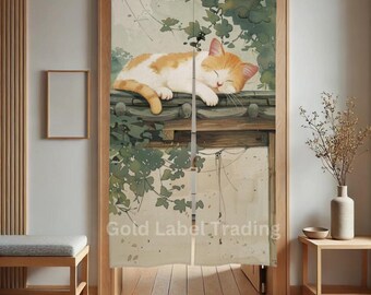 Cortina Noren japonesa con diseño de gato, arte Ukiyo-e, separador de ambientes.