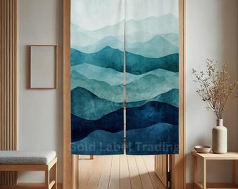 Japanese Noren, Blue Mountain Doorway Curtain, Zen Room Divider, Abstract Landscape Wall Hanging, Japandi Home Decor, Zen Coastal Decor