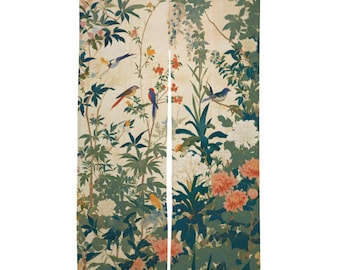 Japanese Birds in Wonderland Noren, Japanese Noren, Birds door curtain, oriental doorway curtain, Noren panel, Wall Tapestry