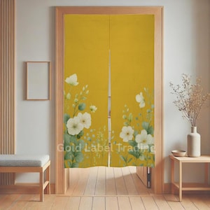 Japanese Noren Door Curtain, Mustard Yellow Floral Room Divider, Boho Doorway Curtain, Kitchen Decor, Entryway Hallway Curtain, Closet Cover