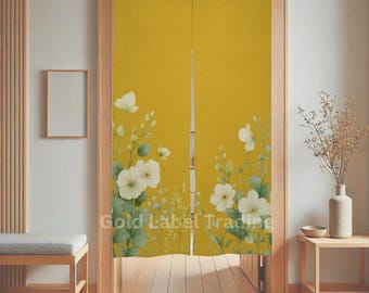 Japanese Noren Door Curtain, Mustard Yellow Floral Room Divider, Boho Doorway Curtain, Kitchen Decor, Entryway Hallway Curtain, Closet Cover