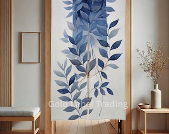 Botanical Noren Curtain, Leaf Pattern Room Divider, Linen Tapestry