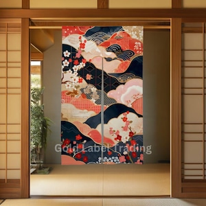 Japanese Floral Noren Door Curtain - Japanese Curtain with Abstract cherry blossoms Pattern and Geometric Shapes - Japanese Noren