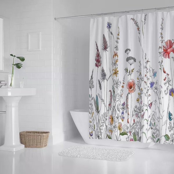 Botanical Wild Flower Shower Curtain, Retro Plants Flower Waterproof Curtain, Nature Bath Decor Bathroom Curtains, Housewarming Gifts
