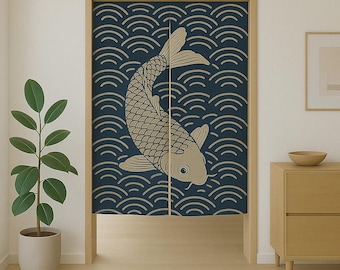 Japanese Koi Fish Noren, Indigo Doorway Curtain, Traditional Room Divider, Fish Art Curtain for Home Decor, Perfect for Doorway